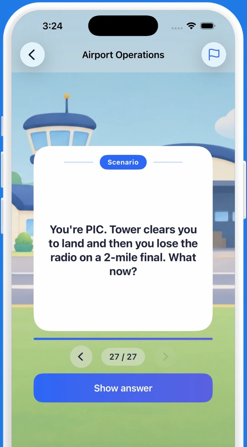 A single scenario flashcard question