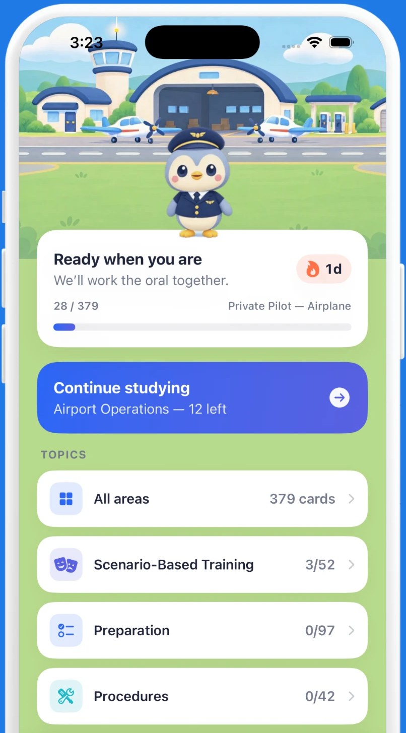 Home screen with progress and study topics
