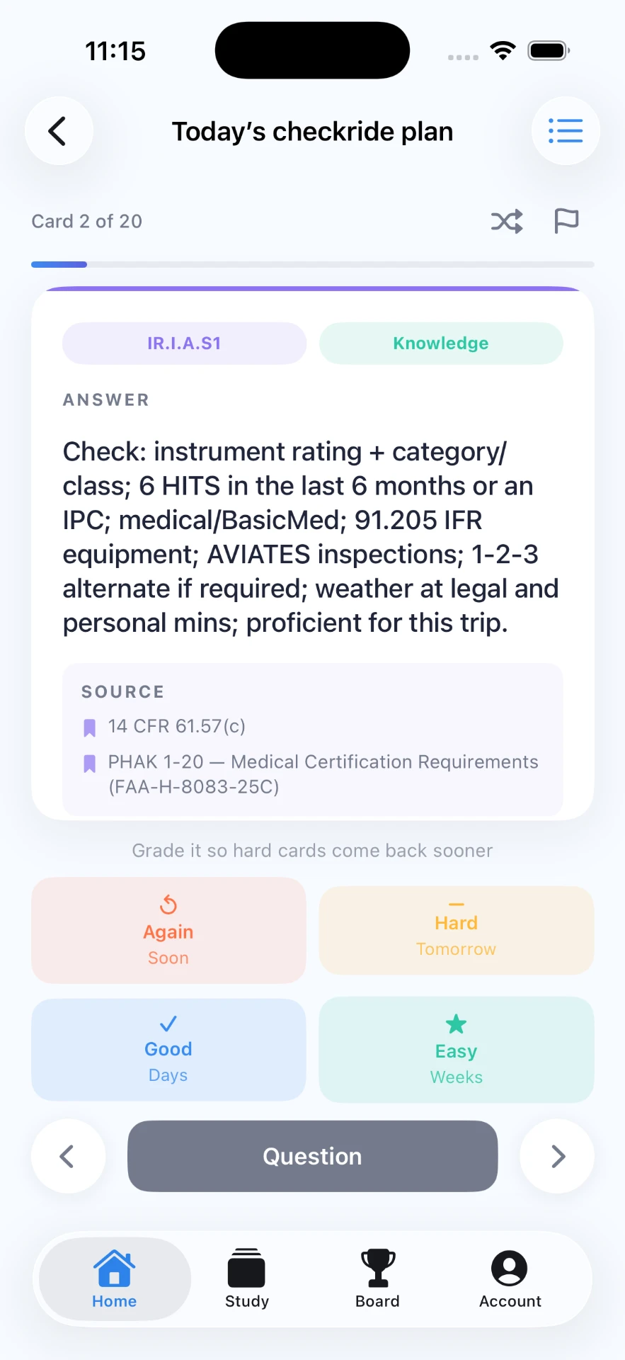 Answer screen with FAA source references
